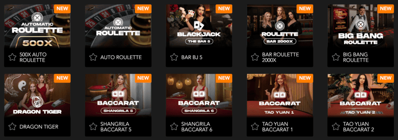 Live casino games: Roulette, Blackjack, Baccarat